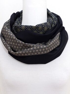 Navy Blue Infinity Scarf with Tan Asanoha Geometric Print